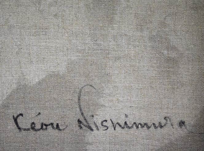 西村計雄「Kimono（パリ近代美術館買上作品下絵）」油絵・P6号並列　右側部分裏書き拡大画像2
