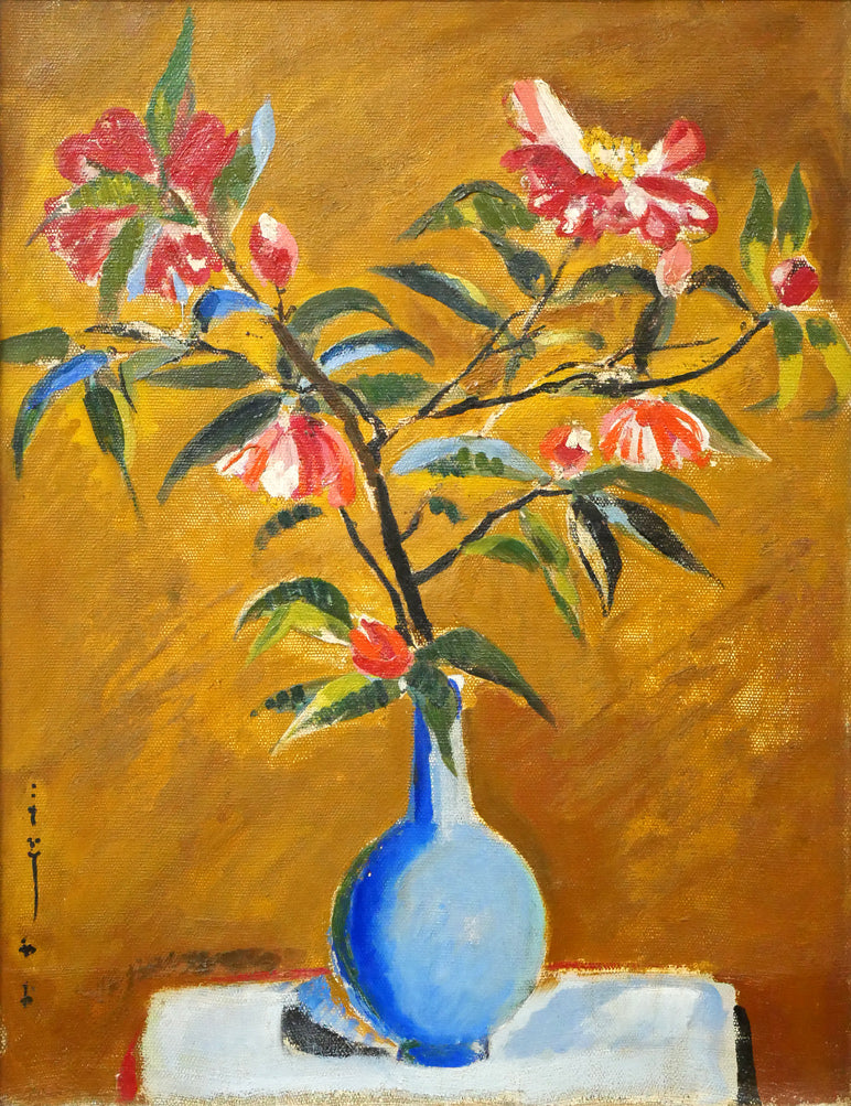 西村計雄「山茶花」油絵・P10号　作品全体画像