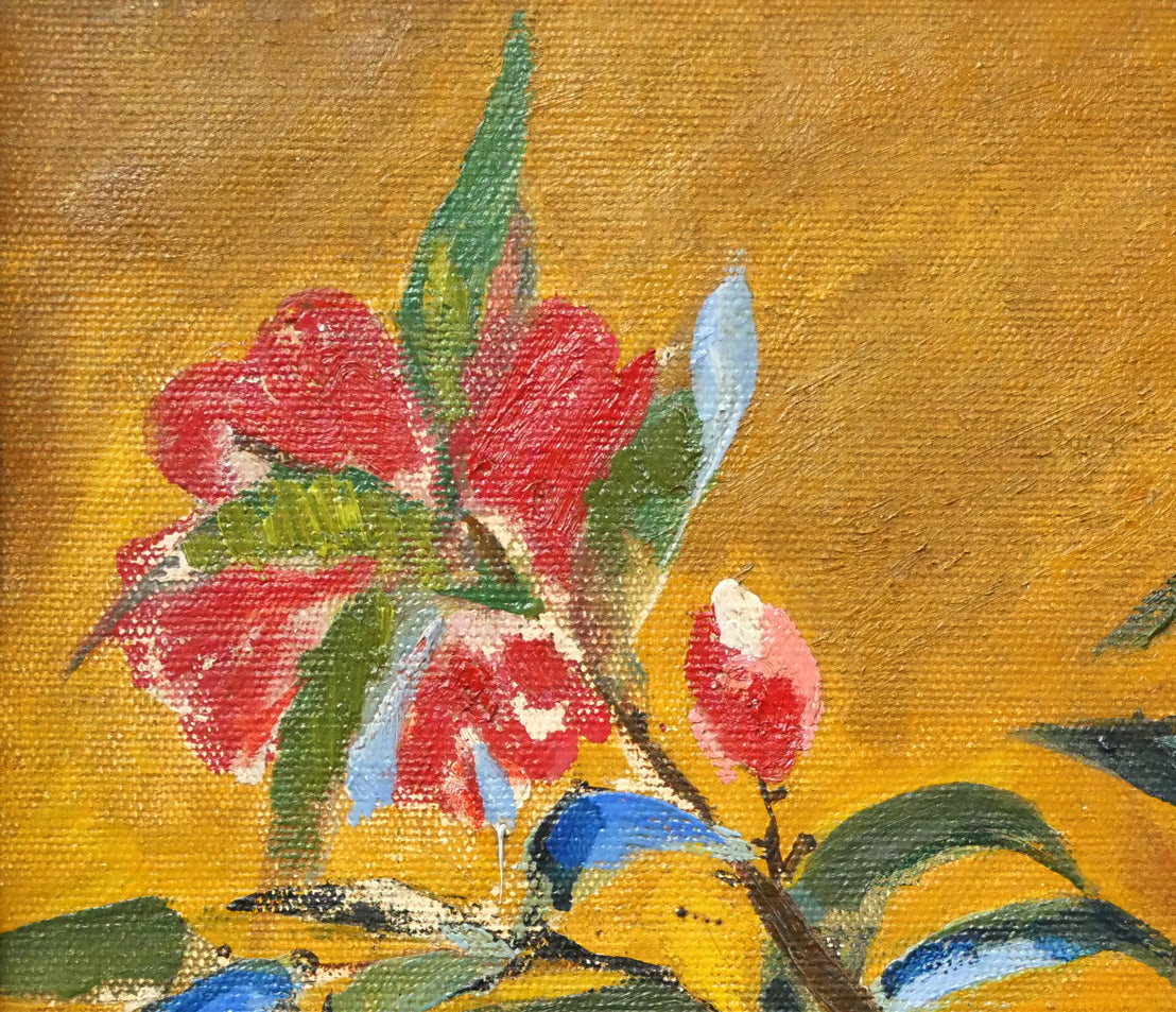 西村計雄「山茶花」油絵・P10号　拡大画像1