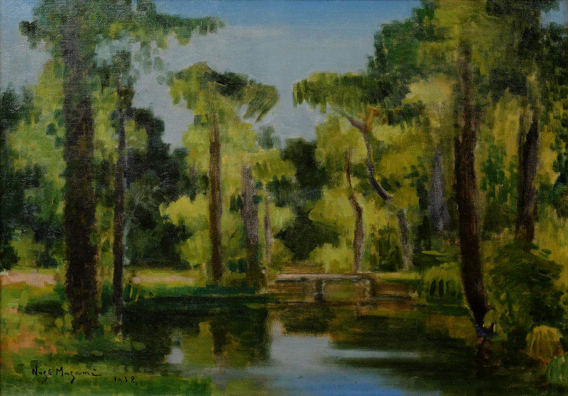 能勢真美「樹木と池（植物園・札幌）」油絵・M15号　作品全体画像