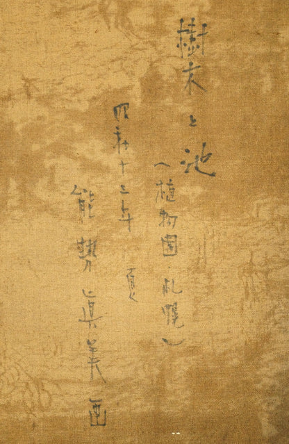 能勢真美「樹木と池（植物園・札幌）」油絵・M15号　裏書き拡大画像