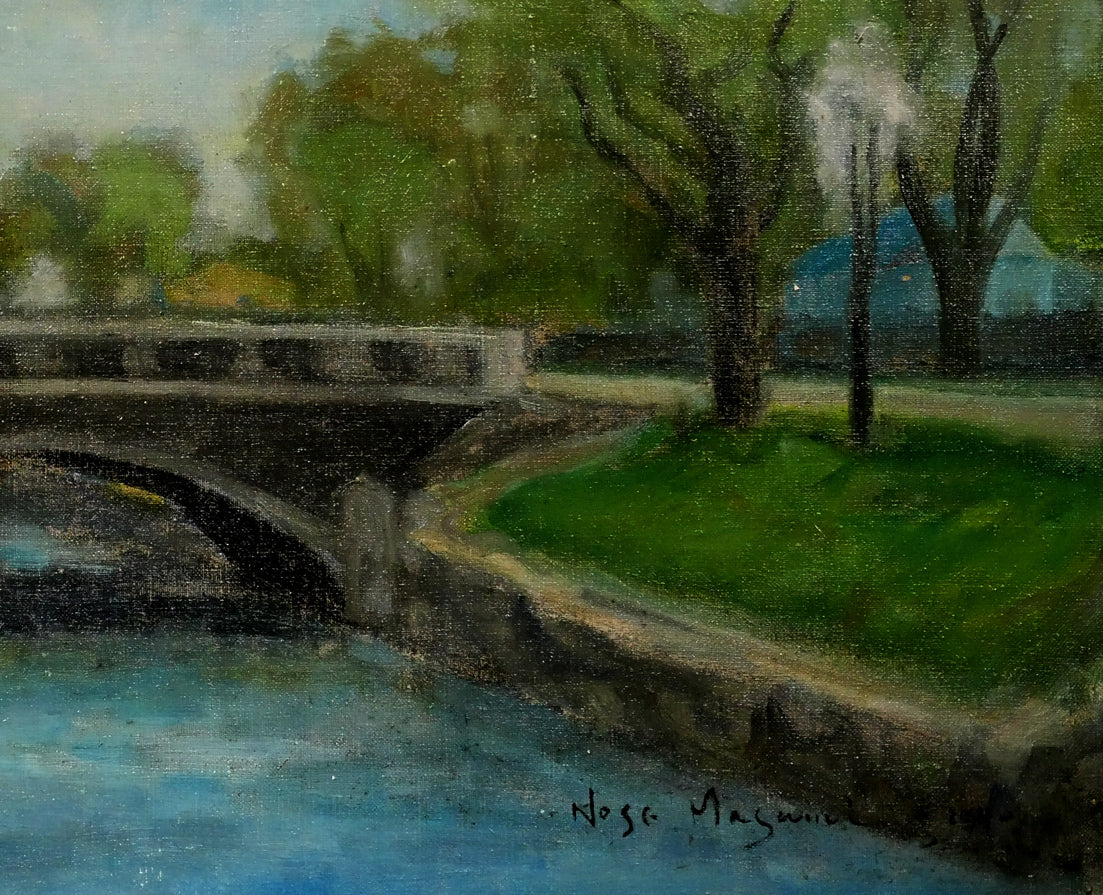 能勢真美「橋畔柳萌（札幌創成川・望楼）」油絵・F12号　拡大画像5