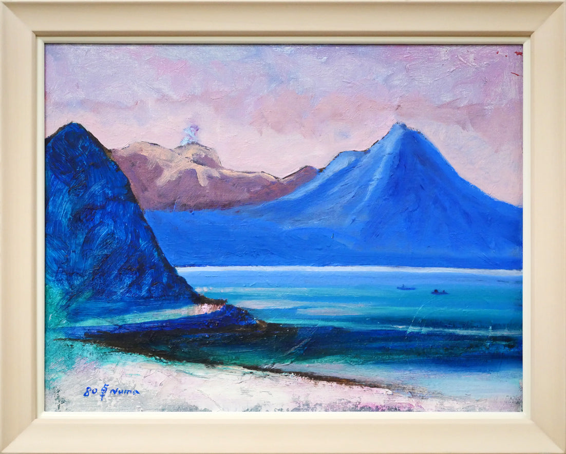 沼田卓「朝の湖（支笏湖：樽前山と風不死岳）」油絵・F6号