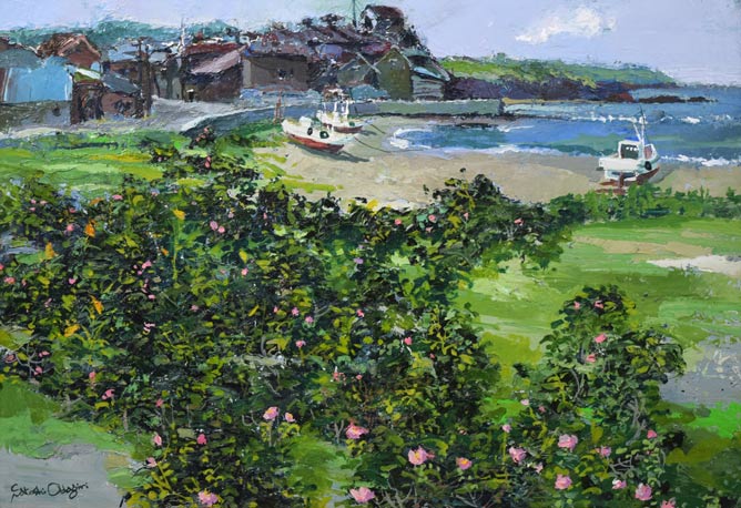 小田切訓「ハマナスの咲く海辺（石狩）」油絵・M15号　作品全体拡大画像