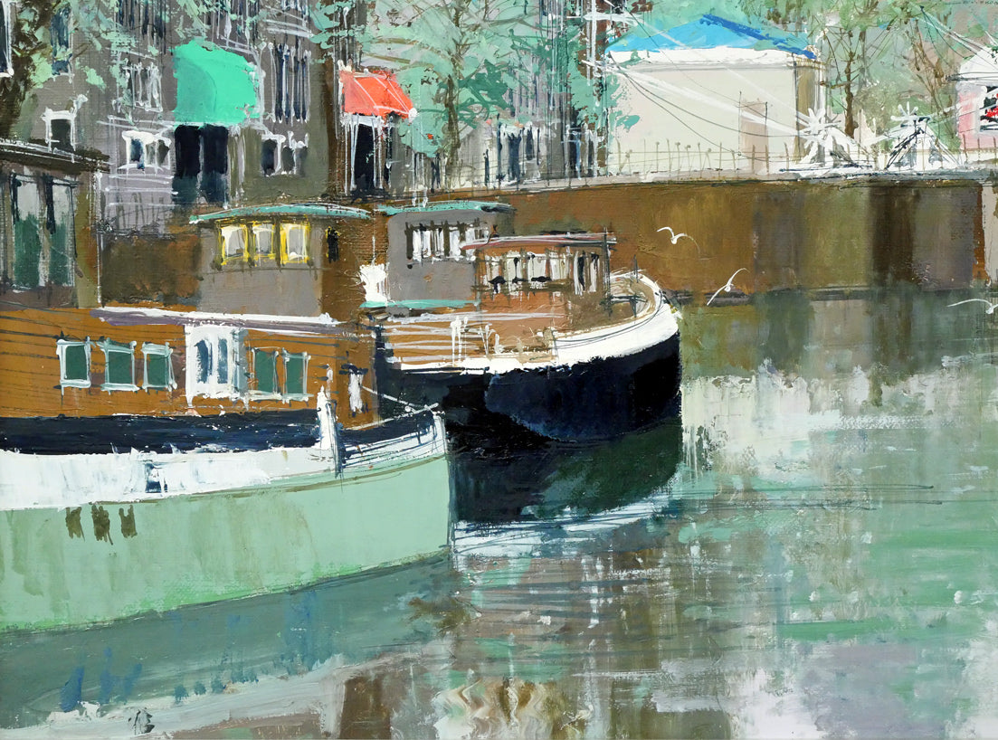 小田切訓「跳橋の開く運河（オランダ・アムステルダム）」油絵・P15号　拡大画像3