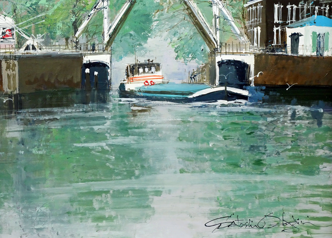 小田切訓「跳橋の開く運河（オランダ・アムステルダム）」油絵・P15号　拡大画像4
