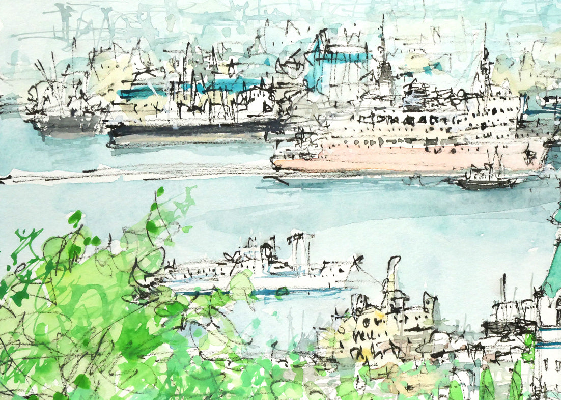 小田切訓「海峡の町（函館）」水彩画・5号　拡大画像1