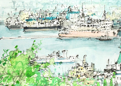 小田切訓「海峡の町（函館）」水彩画・5号　拡大画像1