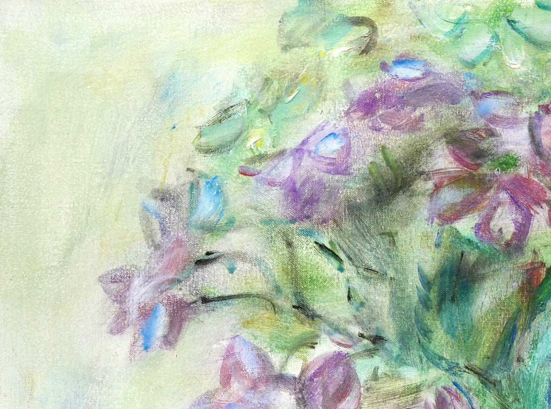 小川マリ「紫の花」油絵・F4号　拡大画像1