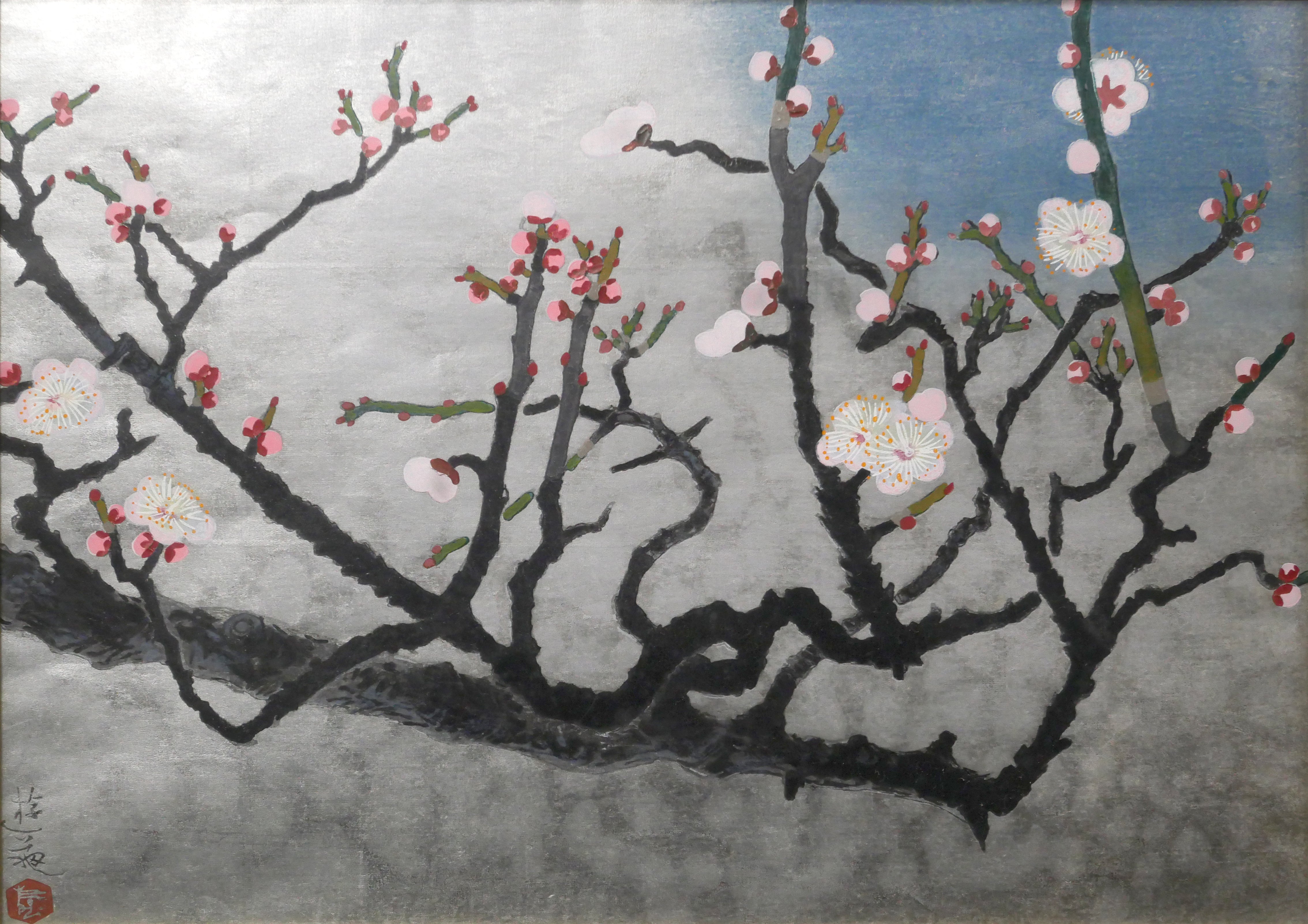 小倉遊亀「梅」木版画 金地 額縁入り 日本美術院 日本女性画家 お正月 梅花 小倉遊亀「梅」木版画 – 小竹美術