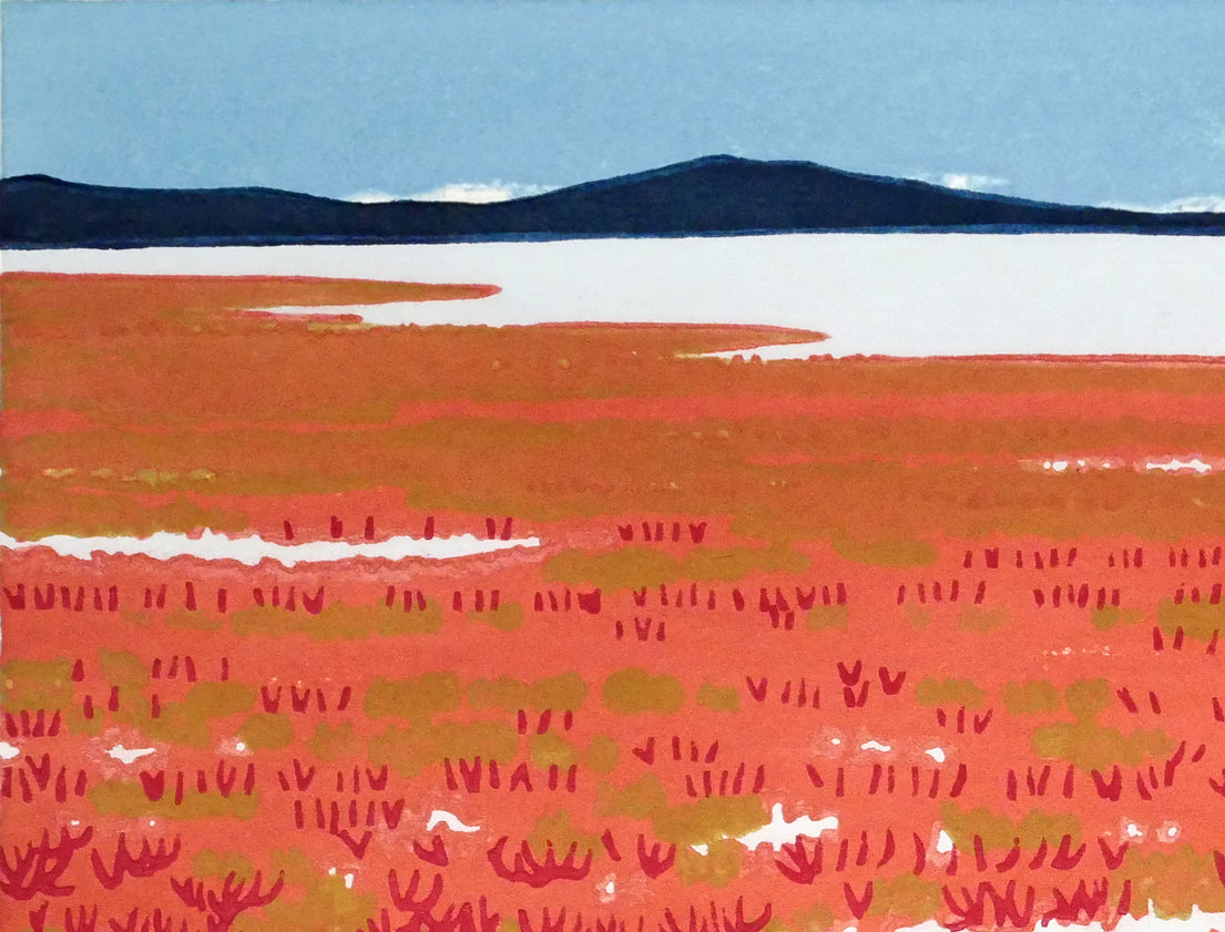 大本靖「能取湖のサンゴ草」木版画　拡大画像1