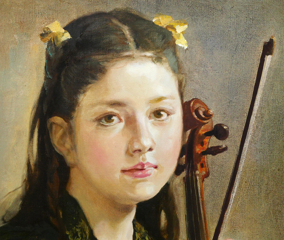 奥龍之介「バイオリンの少女」油絵・F10号　拡大画像2