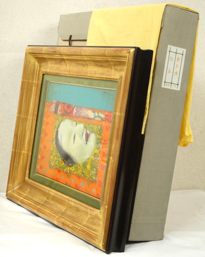 奥谷博「能面」油絵・F5号　付属品画像（黄袋、布タトウ箱付き）