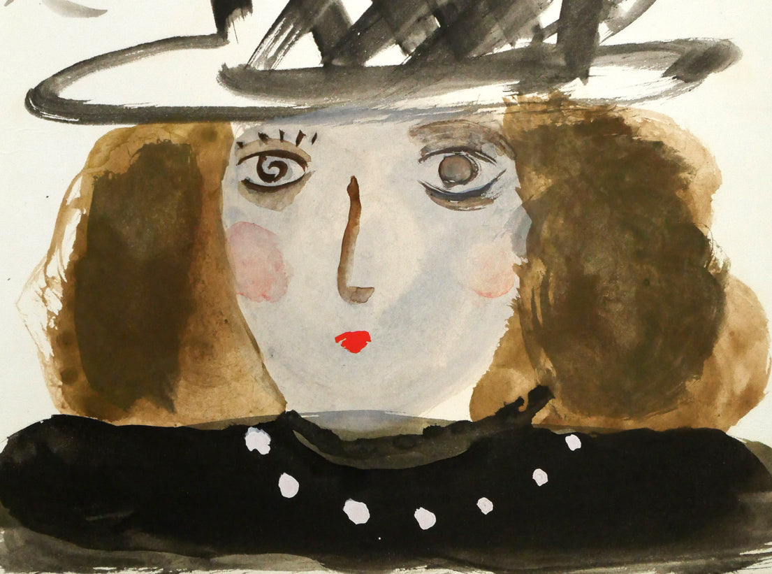 小野州一「帽子婦人」水彩画・色紙　拡大画像2