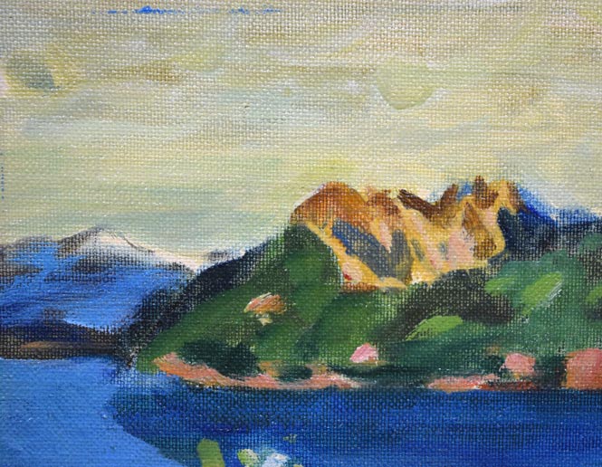 小野垣哲之助「摩周湖」油絵・F3号　拡大画像1