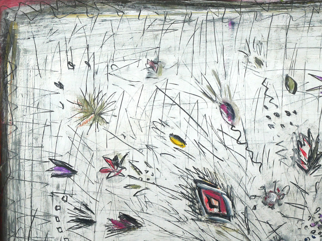小野州一「白いバックの花」油絵・変形15号　拡大画像1