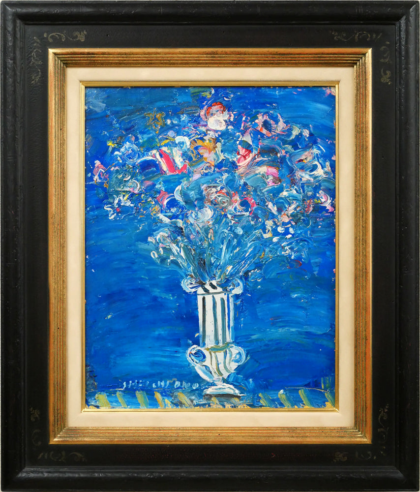 小野州一「青いバックの花」油絵・F6号