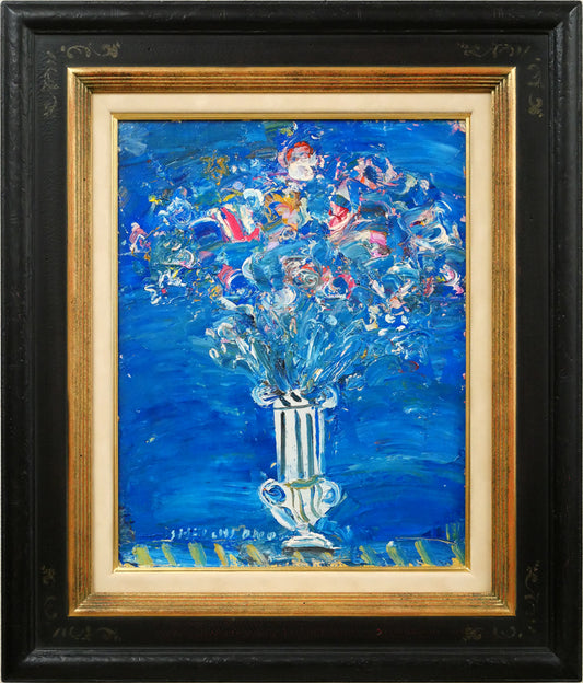 小野州一「青いバックの花」油絵・F6号