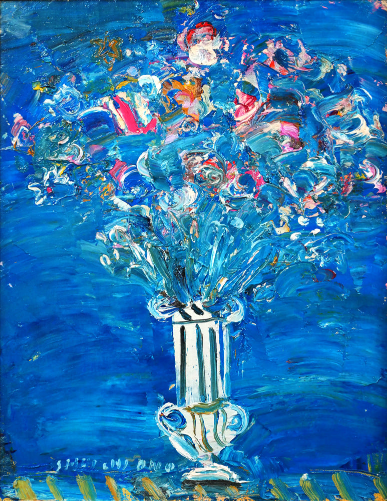 小野州一「青いバックの花」油絵・F6号 – 小竹美術