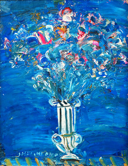 小野州一「青いバックの花」油絵・F6号　作品全体画像