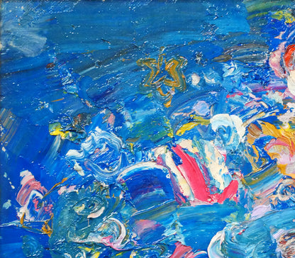 小野州一「青いバックの花」油絵・F6号　拡大画像1