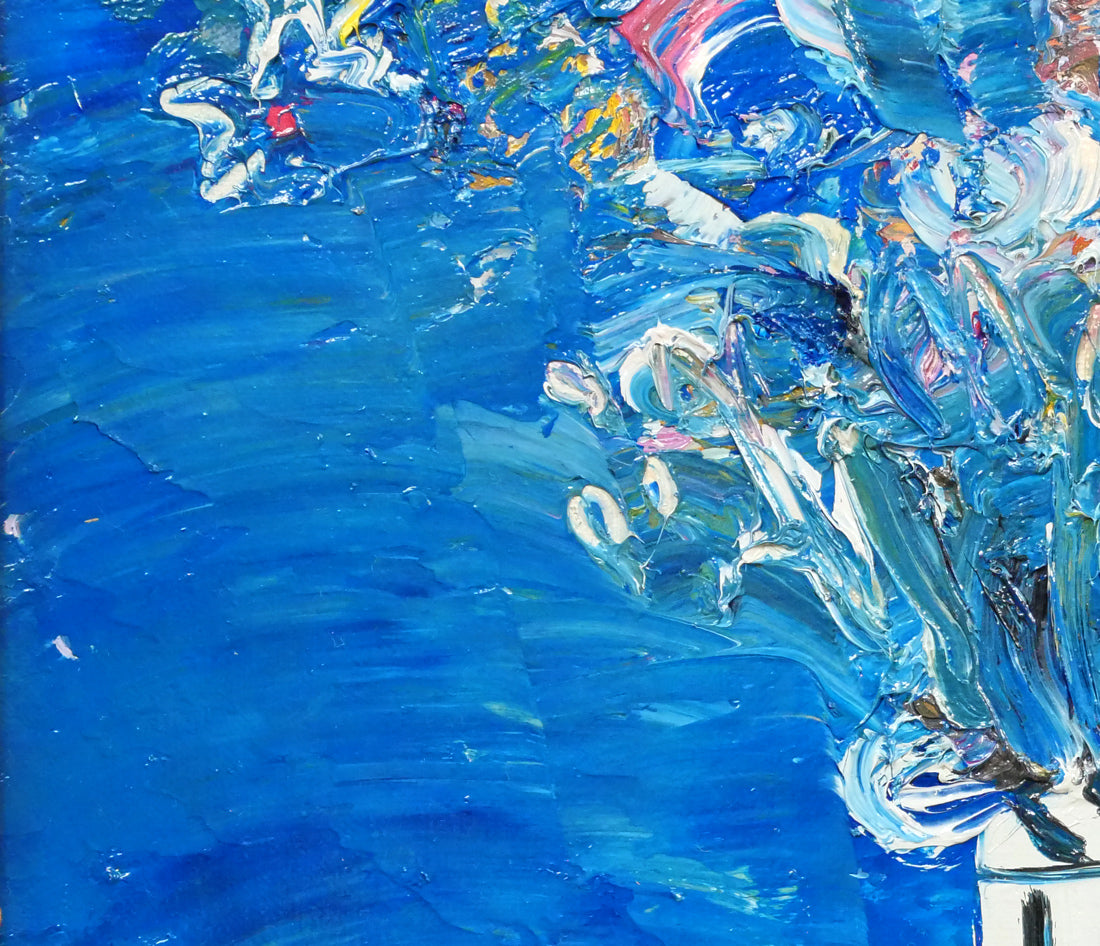小野州一「青いバックの花」油絵・F6号　拡大画像4