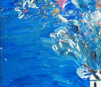 小野州一「青いバックの花」油絵・F6号　拡大画像4