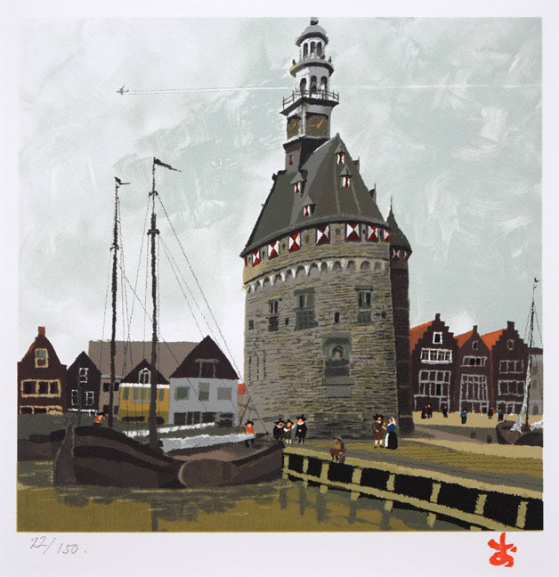 おおば比呂司「ホールンの塔（オランダ）」リトグラフ　作品全体拡大画像
