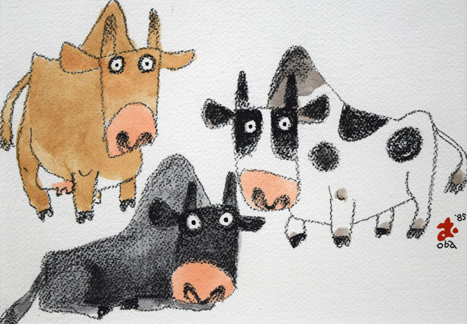 おおば比呂司「三頭の牛」水彩画にパステル　作品全体拡大画像