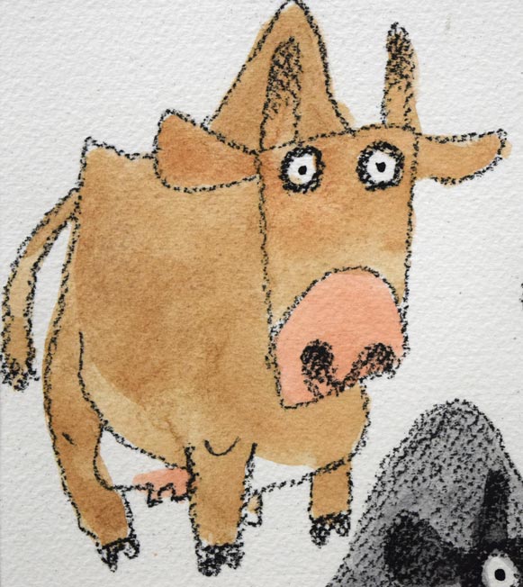 おおば比呂司「三頭の牛」水彩画にパステル　拡大画像1