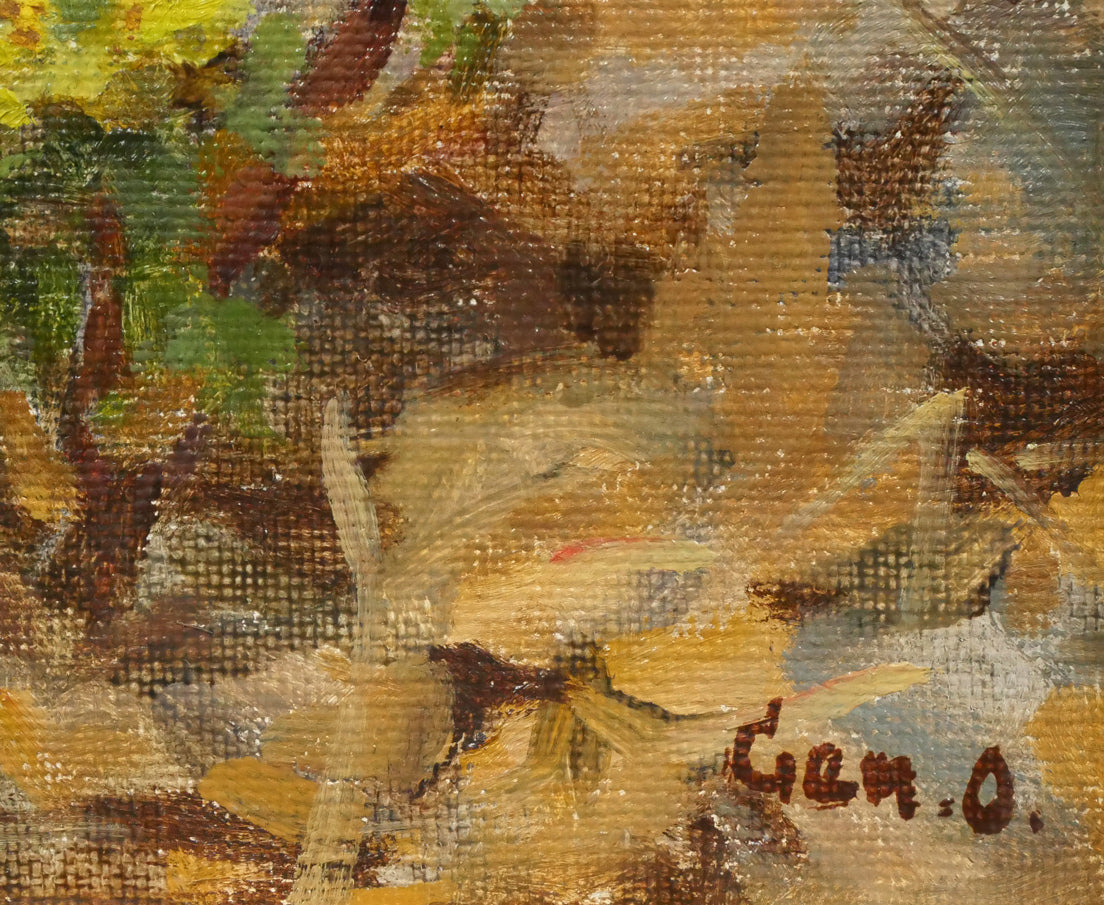 大月源二「福寿草」油絵・F3号　サイン拡大画像