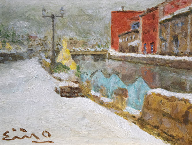 大津英敏「春近い小樽（小樽運河）」油絵・P3号　拡大画像3