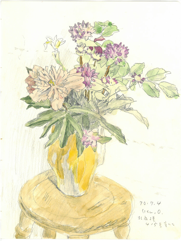 大月源二「札病棟415号室にて・花（画集掲載作）」水彩画・5号　作品全体画像
