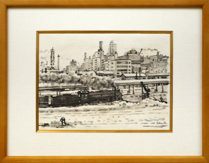 大月源二「春雪の札幌駅構内（画集掲載作）」水墨画・3号