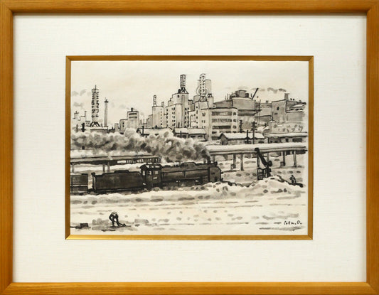 大月源二「春雪の札幌駅構内（画集掲載作）」水墨画・3号