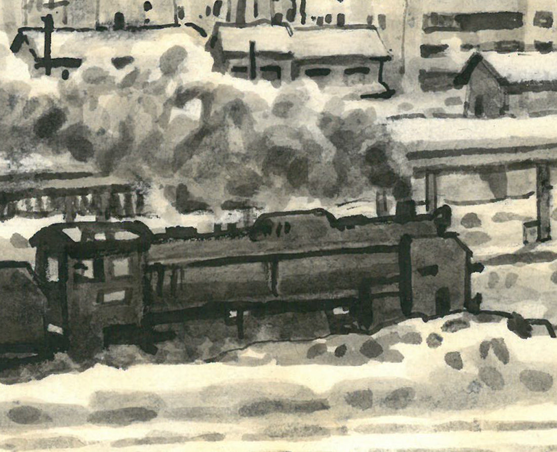 大月源二「春雪の札幌駅構内（画集掲載作）」水墨画・3号 絵画
