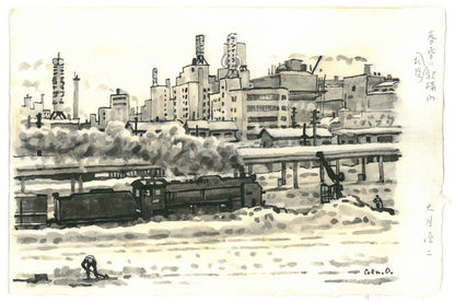大月源二「春雪の札幌駅構内（画集掲載作）」水墨画・3号　作品シート全体画像
