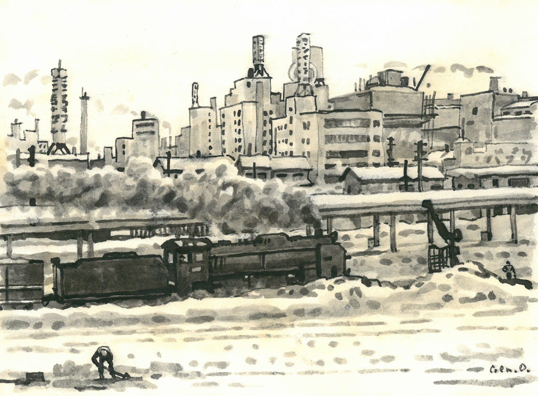 大月源二「春雪の札幌駅構内（画集掲載作）」水墨画・3号 絵画買取