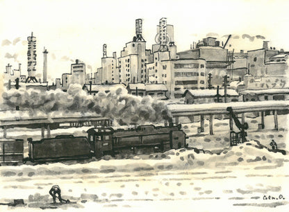 大月源二「春雪の札幌駅構内（画集掲載作）」水墨画・3号　作品全体画像