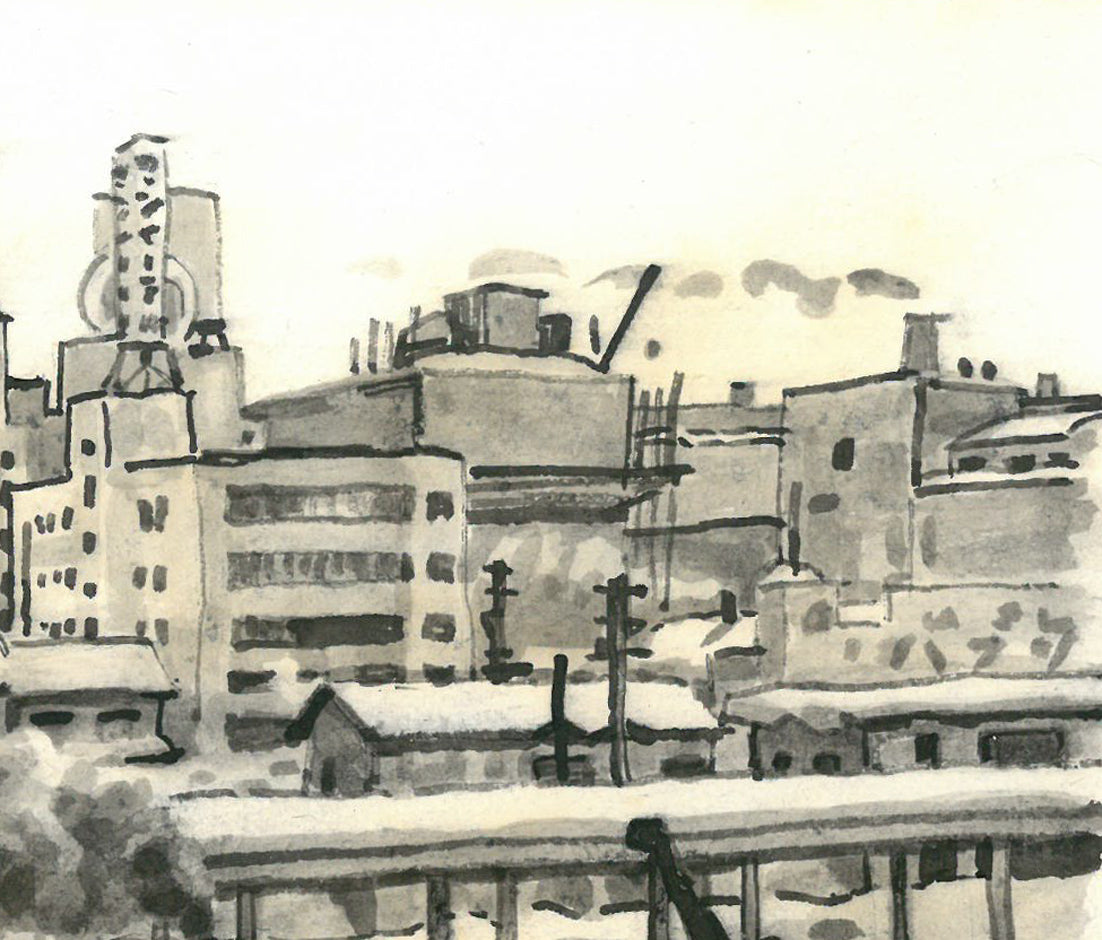 大月源二「春雪の札幌駅構内（画集掲載作）」水墨画・3号 絵画買取