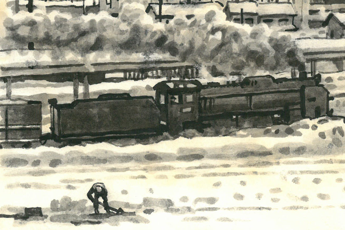 大月源二「春雪の札幌駅構内（画集掲載作）」水墨画・3号　拡大画像3