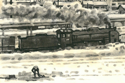 大月源二「春雪の札幌駅構内（画集掲載作）」水墨画・3号　拡大画像3