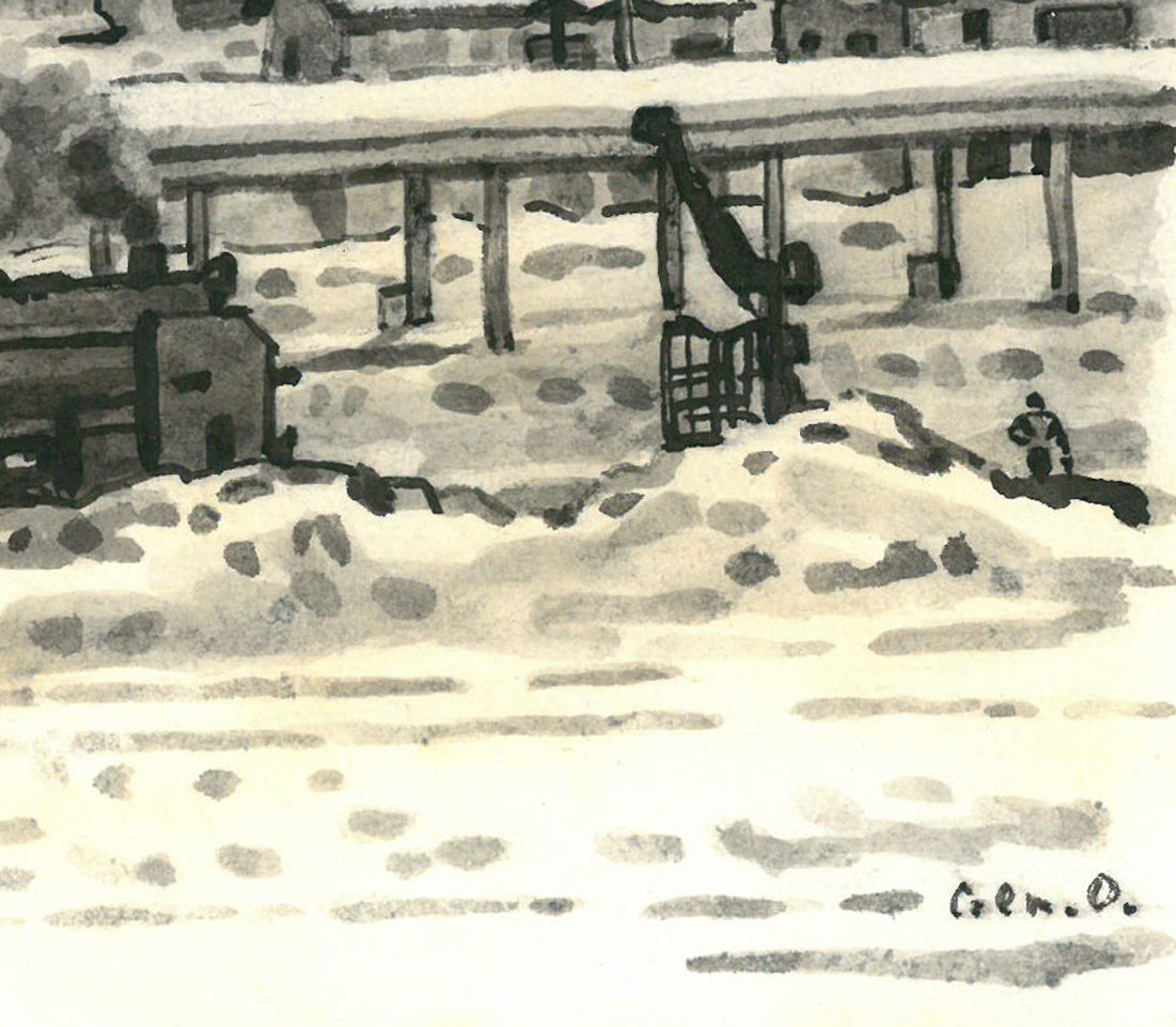 大月源二「春雪の札幌駅構内（画集掲載作）」水墨画・3号　拡大画像5