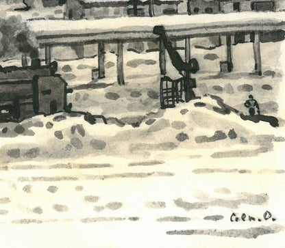 大月源二「春雪の札幌駅構内（画集掲載作）」水墨画・3号　拡大画像5