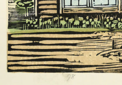尾崎志郎「ブロックと煉瓦のサイロ」木版画　年記（1998年作）