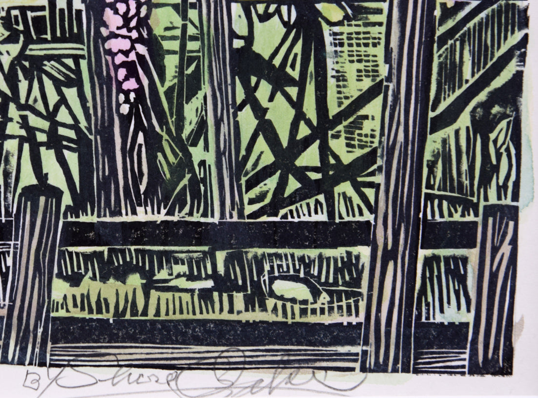 尾崎志郎「藤柵のある家」木版画に手彩色　本人直筆鉛筆サイン