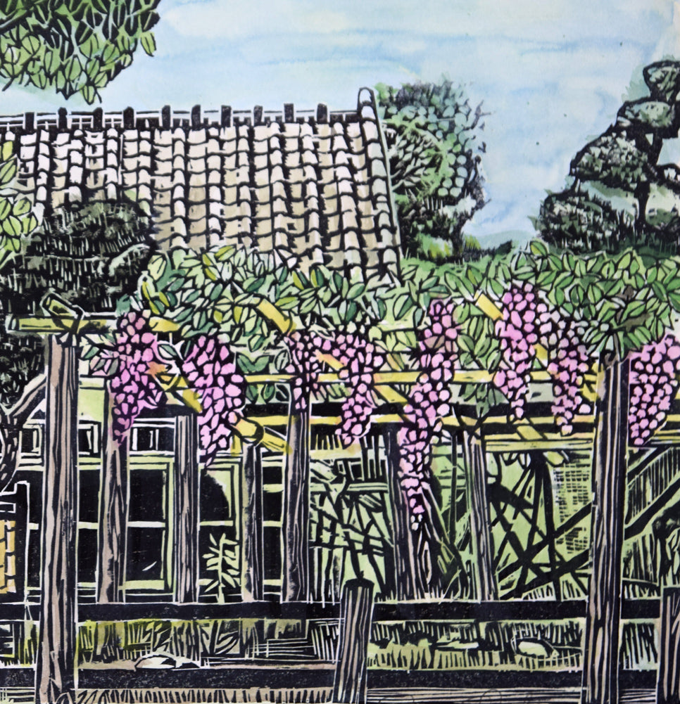 尾崎志郎「藤柵のある家」木版画に手彩色　拡大画像2