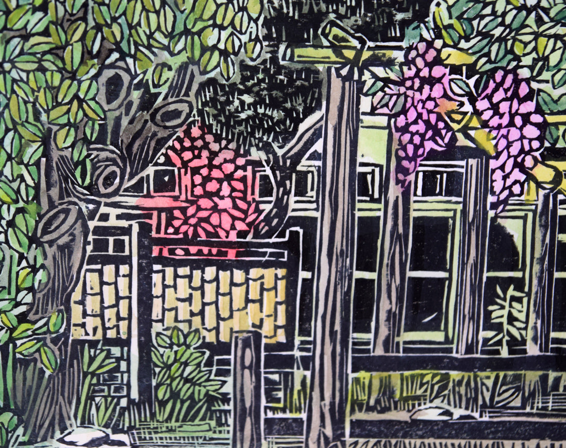 尾崎志郎「藤柵のある家」木版画に手彩色　拡大画像4
