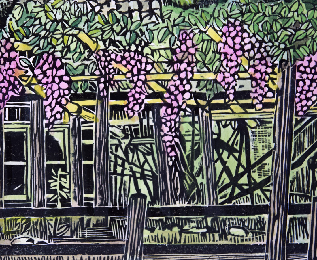 尾崎志郎「藤柵のある家」木版画に手彩色　拡大画像5