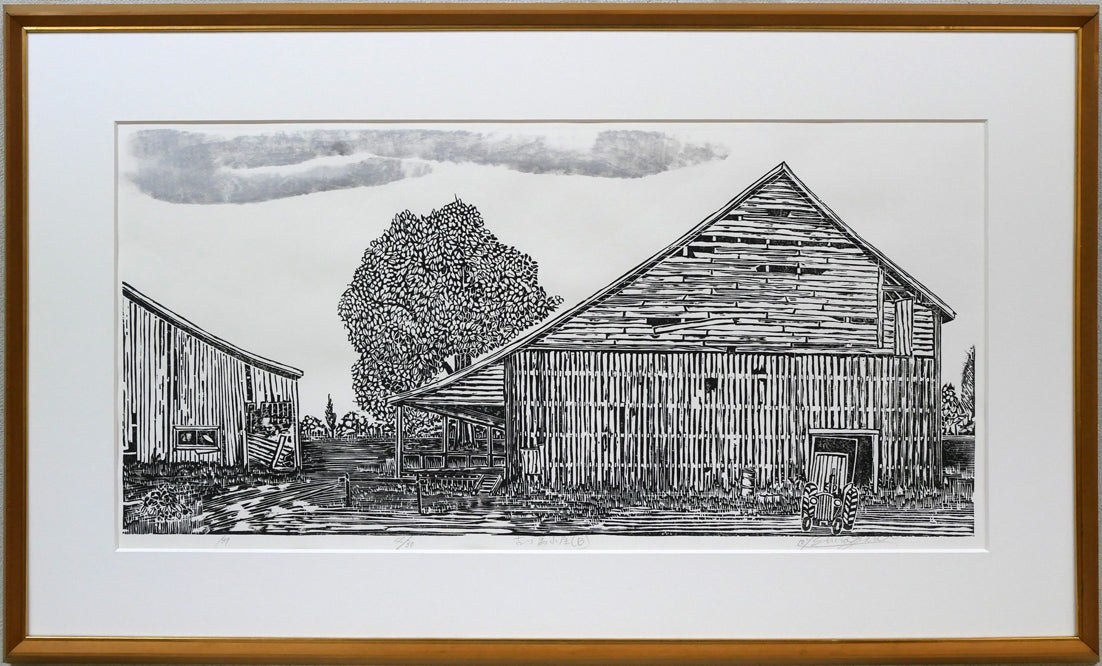 尾崎志郎「古い馬小屋（B）」木版画